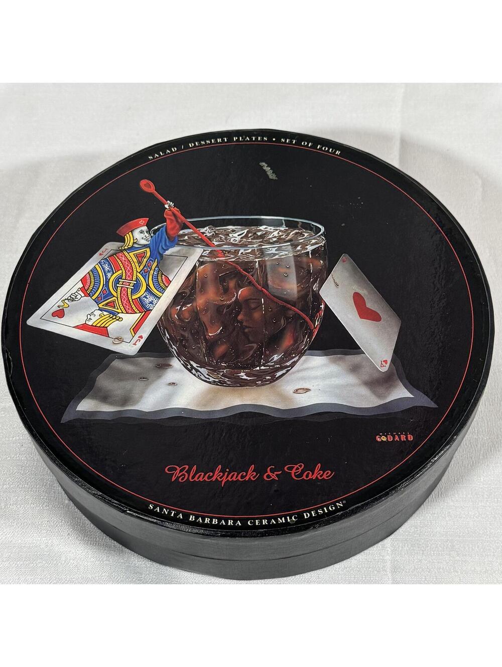 Michael Godard Salad Plates Set of 4-Blackjack and Coke plates with Box Cards